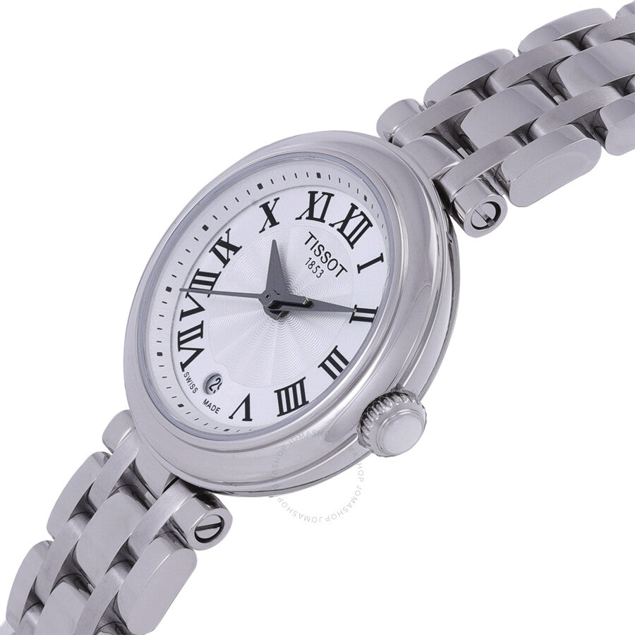 Angled view of Tissot T-Lady watch showing white dial with Roman numerals and steel bracelet