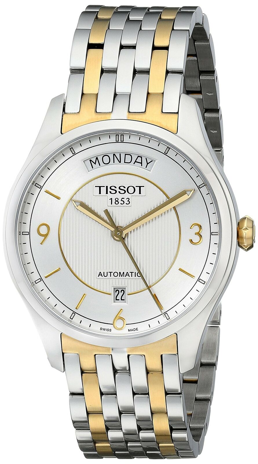 Tissot T-One Automatic men's watch at angle showing two-tone metal strap and Monday date window