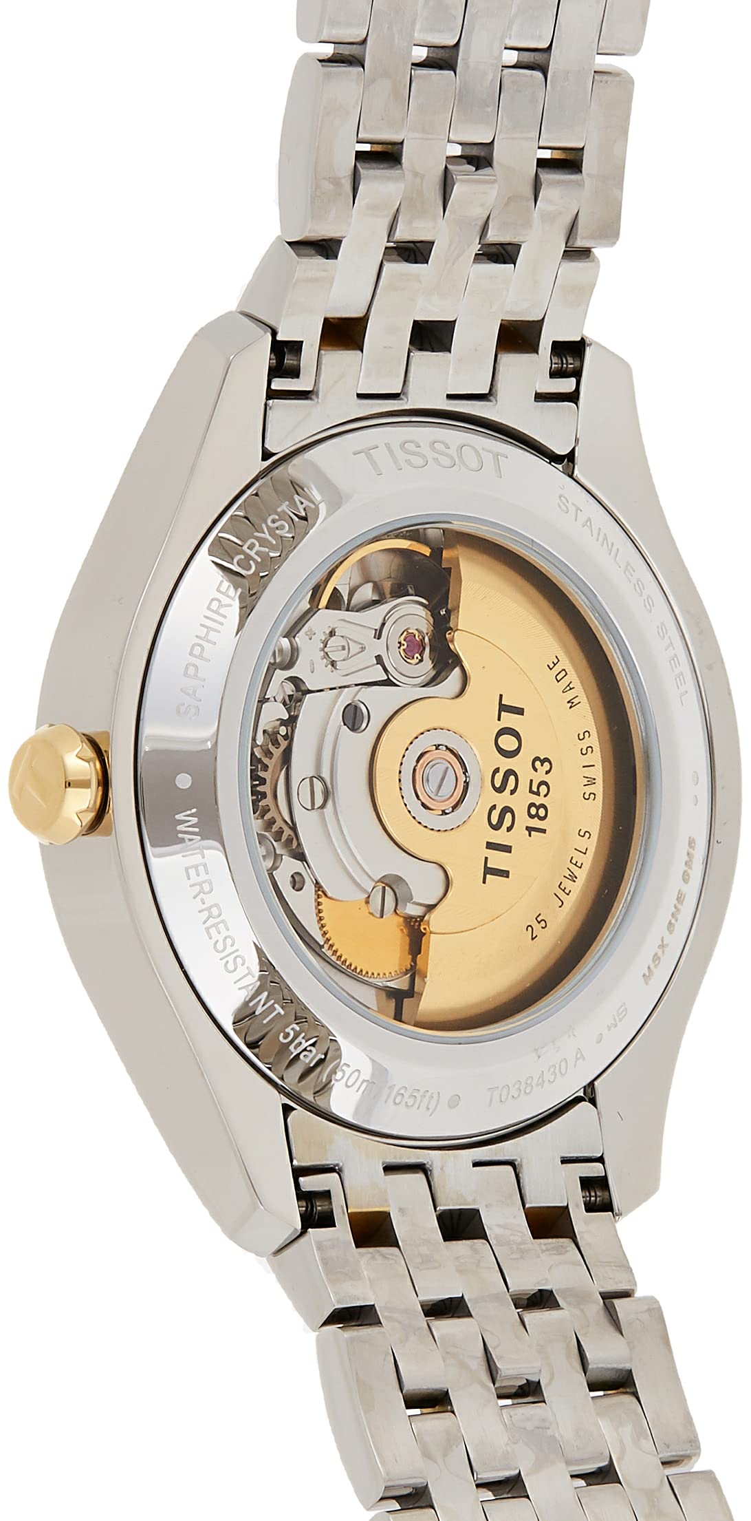 Tissot T-One Automatic caseback displaying gold-tone automatic movement and TISSOT branding
