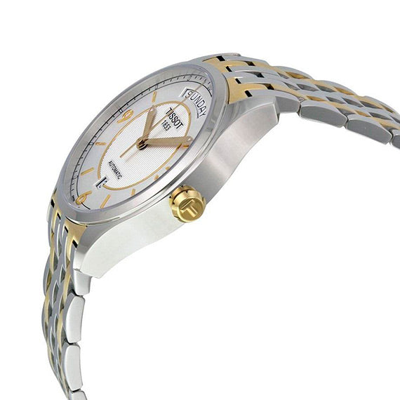 Tissot T-One Automatic watch worn on wrist showing two-tone design and silver dial