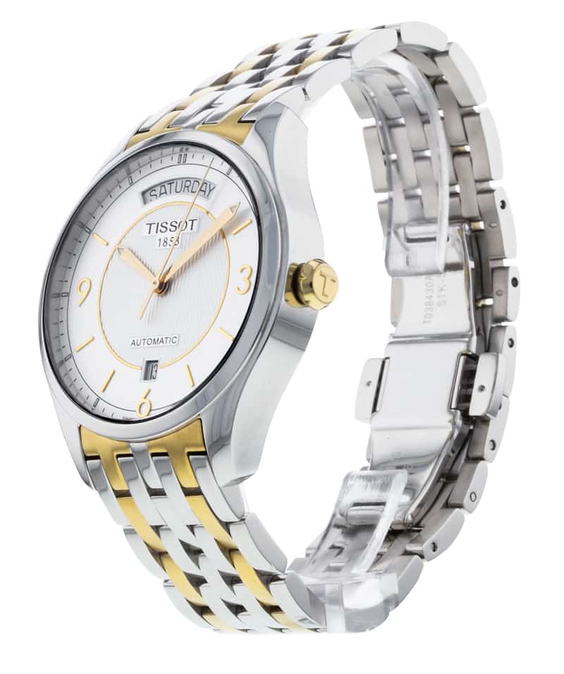 Tissot T-One Automatic watch side profile displaying two-tone steel and gold bracelet