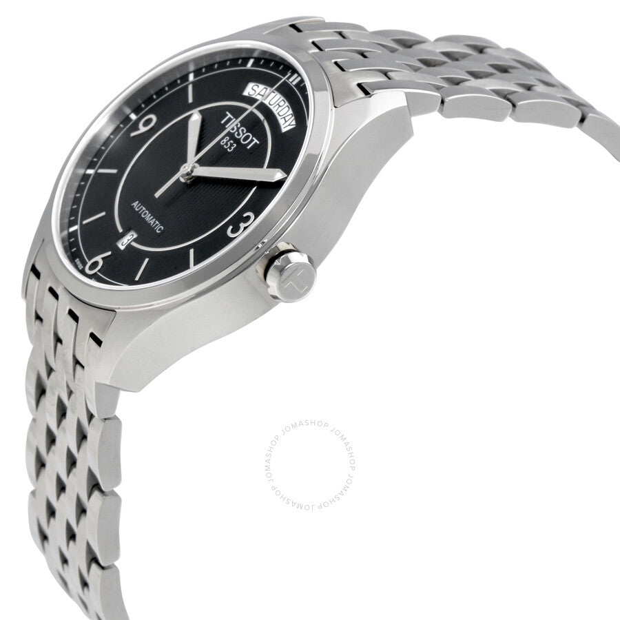 Side angle view of Tissot T-One automatic watch with stainless steel bracelet