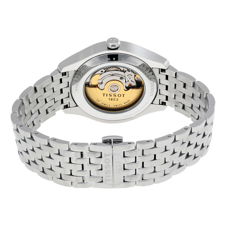 Caseback of Tissot T-One automatic watch showing golden rotor and movement
