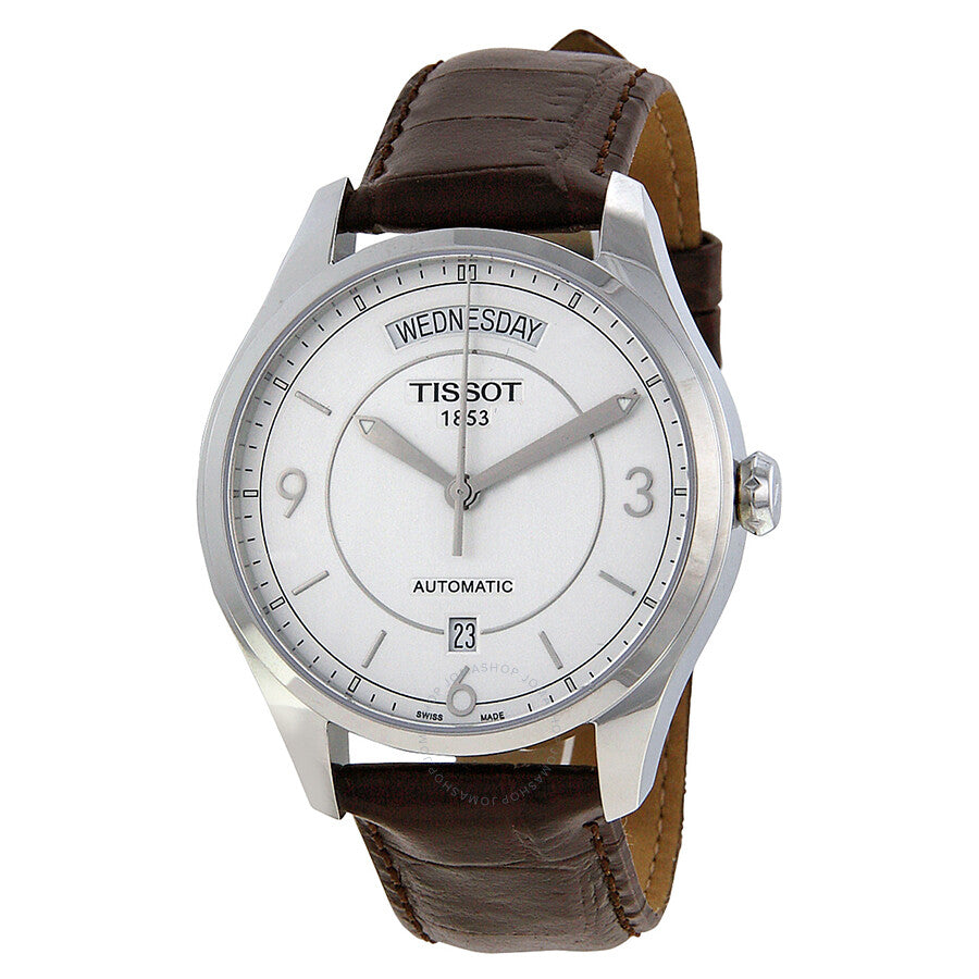 Tissot T-One watch at angle showing silver dial and brown crocodile leather strap
