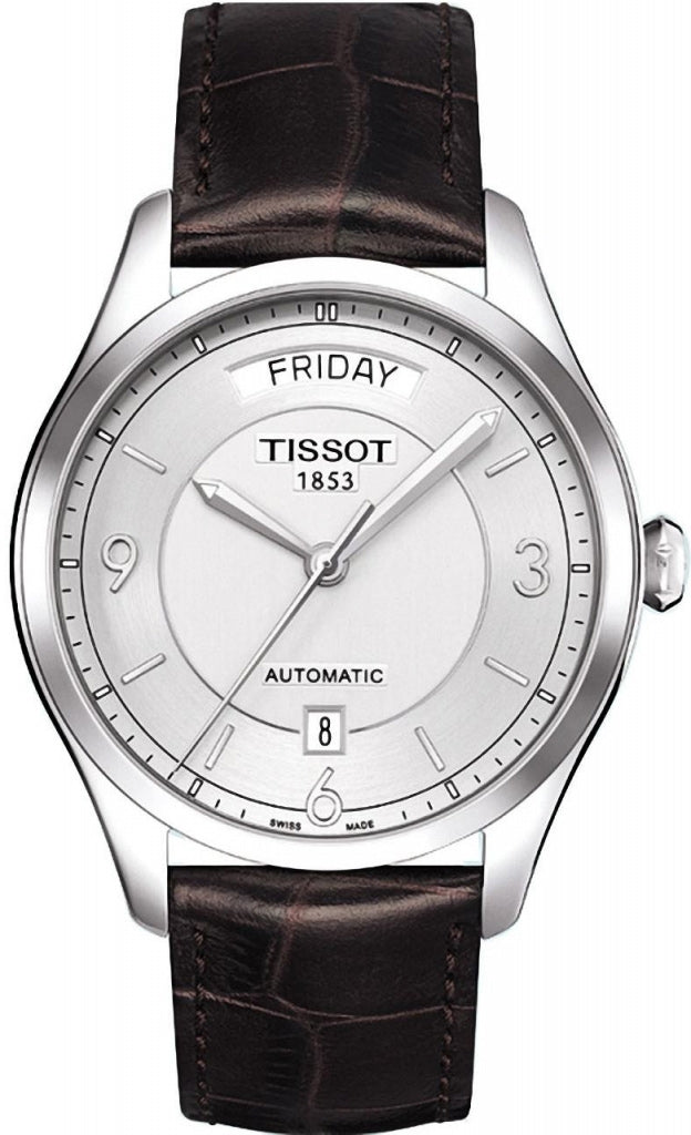 Tissot T-One automatic watch with silver dial, day-date window, and brown leather strap
