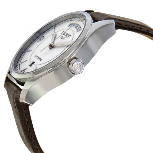 Side view of Tissot T-One watch displaying stainless steel case and brown leather strap