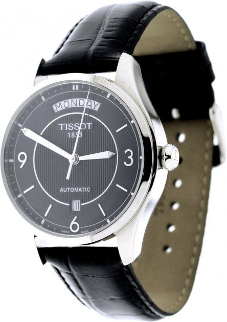 Tissot T One Automatic three-quarter view showing stainless steel case and black leather strap