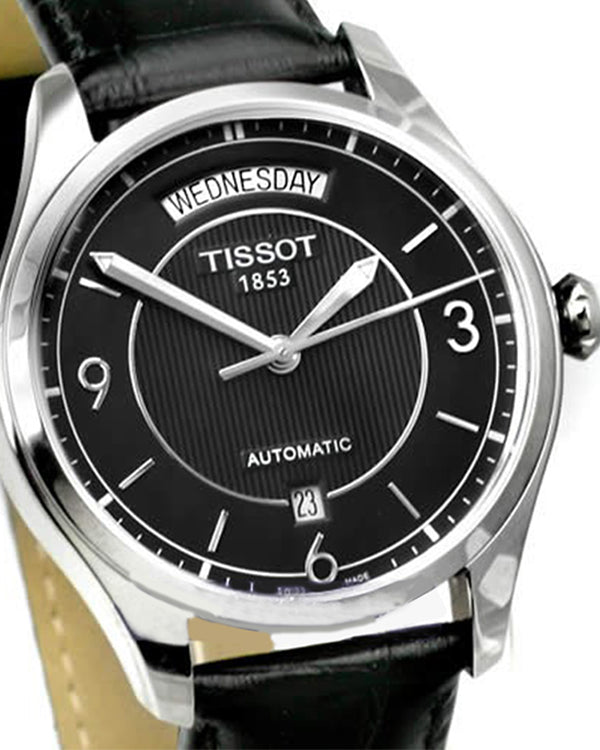 Tissot T One Automatic front view with black dial, day-date window, and white hands