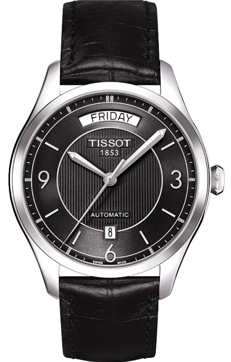 Tissot T One Automatic black dial watch with day-date window and black leather strap