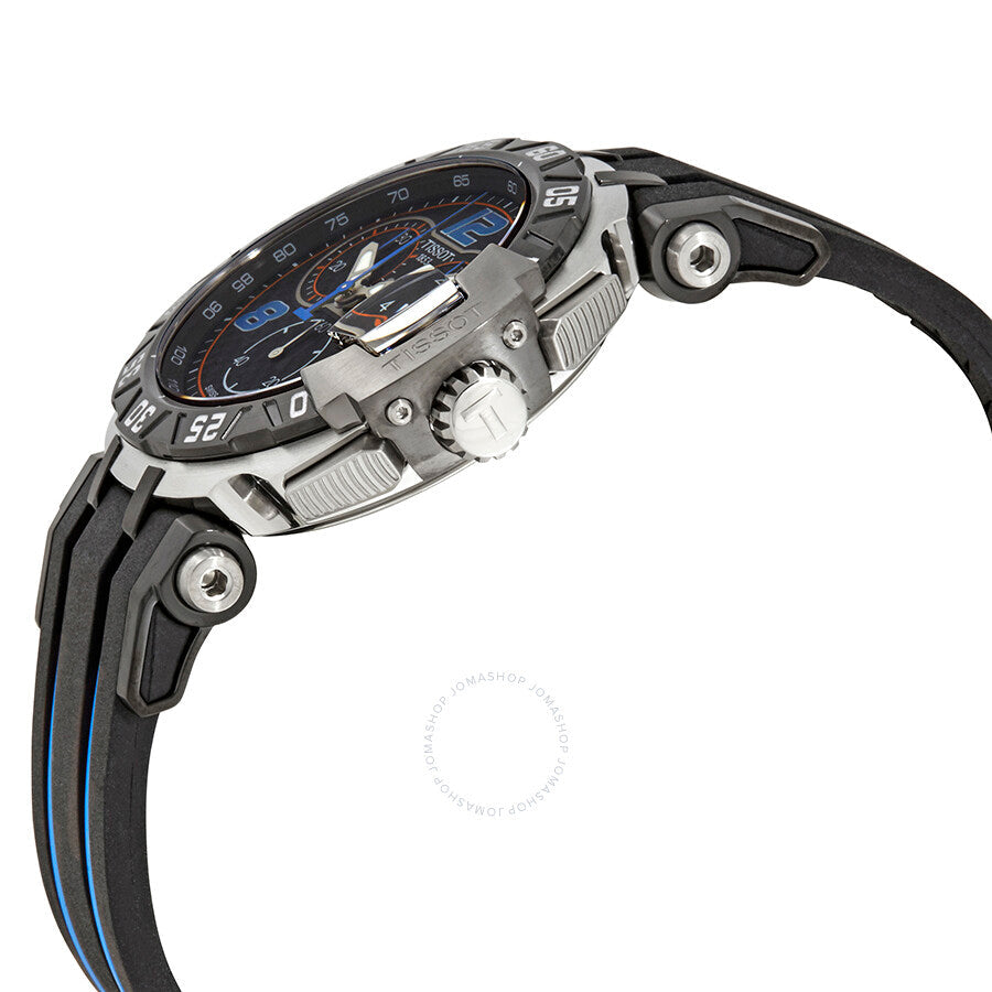 Tissot T-Race chronograph side angle view showing steel case and blue-striped black rubber strap