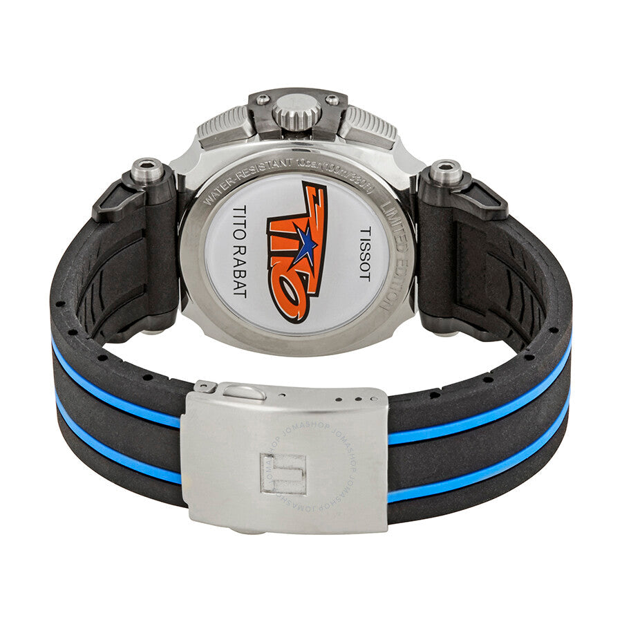 Tissot T-Race chronograph caseback with blue-striped rubber strap and fold-over clasp