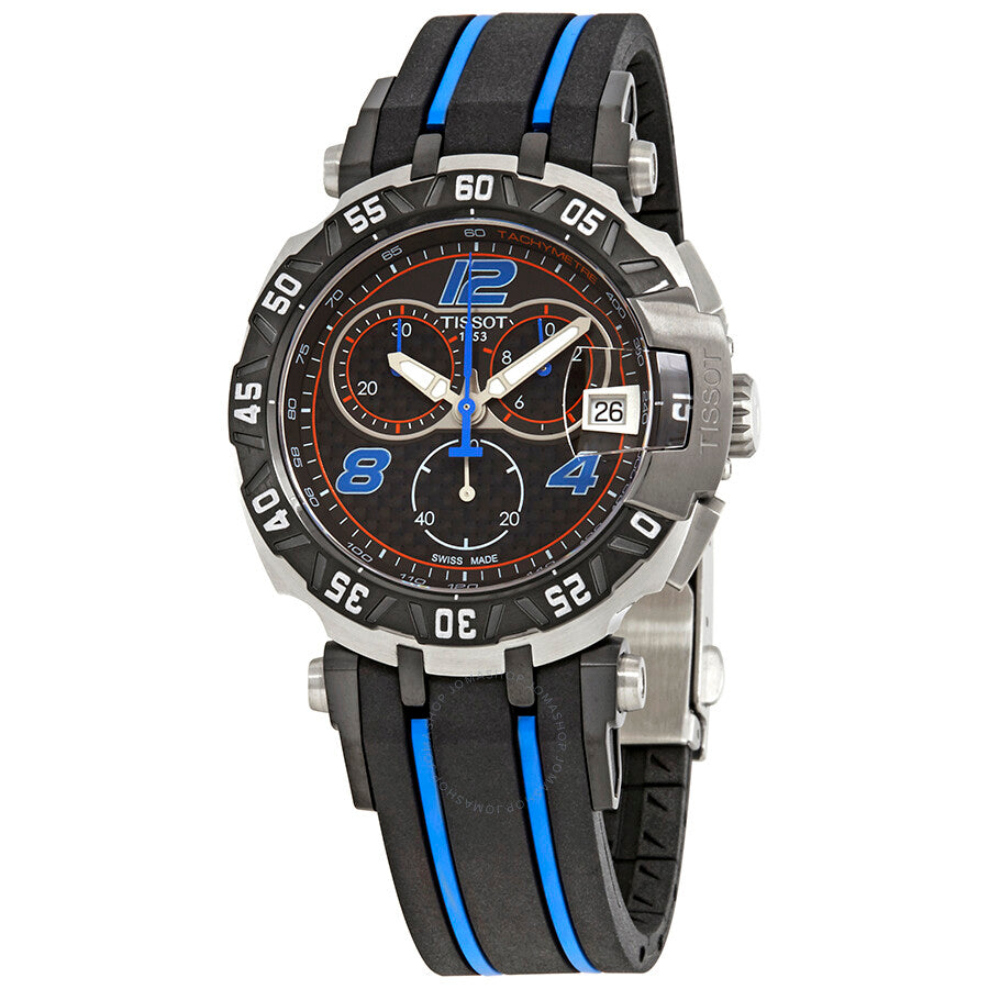 Tissot T-Race chronograph with black dial, steel case, and blue-striped rubber strap