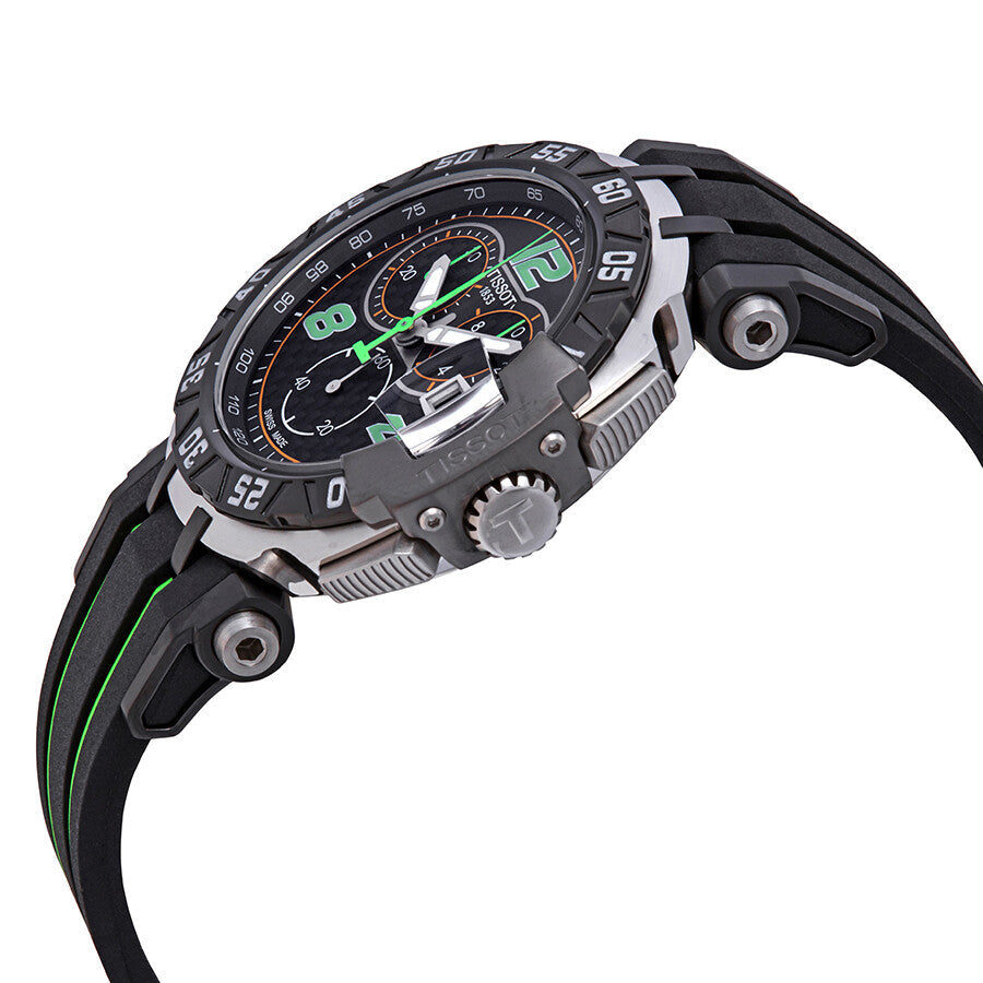 Angled side view of Tissot T-Race chronograph showing case profile and black rubber strap