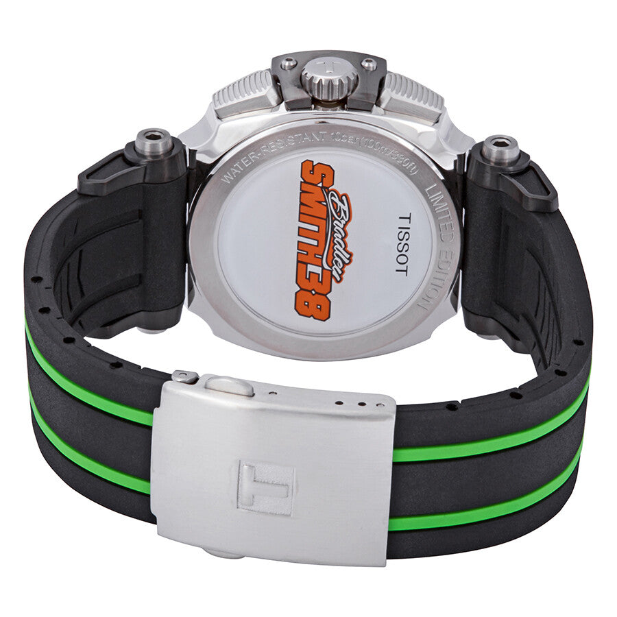 Caseback of Tissot T-Race chronograph showing serial engraving and white display back