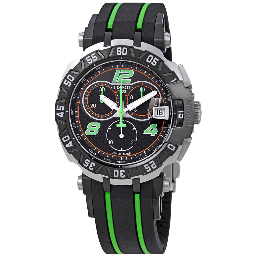 Tissot T-Race chronograph men's watch with black dial, green accents, and black rubber strap with green stripes