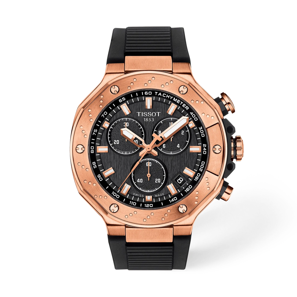 Tissot T-Race chronograph three-quarter view showing rose gold case and tachymeter bezel