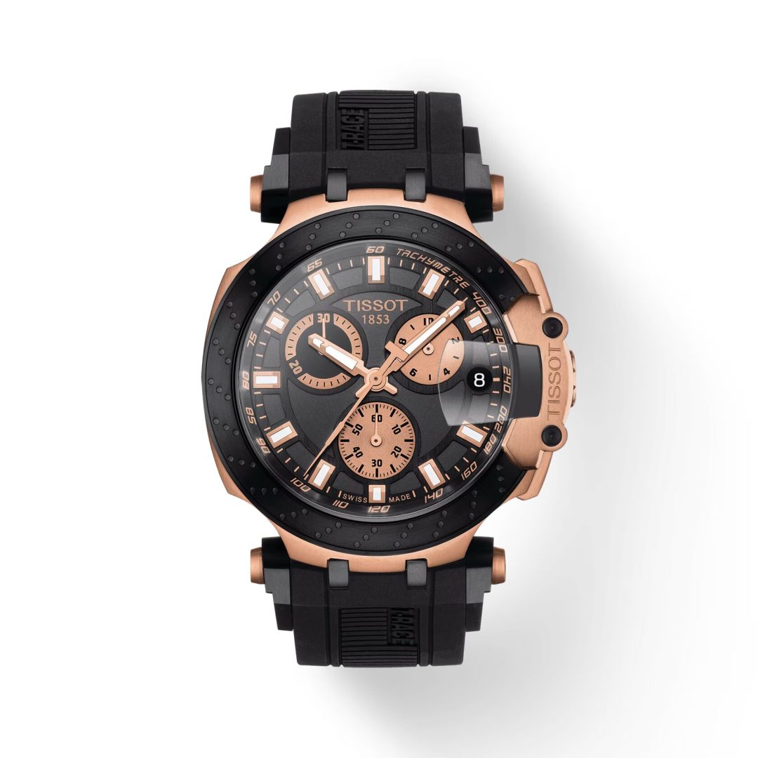 Tissot T-Race chronograph watch with rose gold case, black dial, and black silicone strap