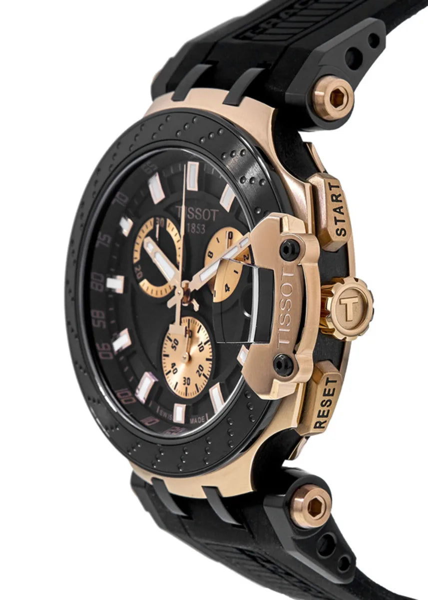 Tissot T-Race chronograph side profile showing rose gold case, chronograph subdials, and silicone strap