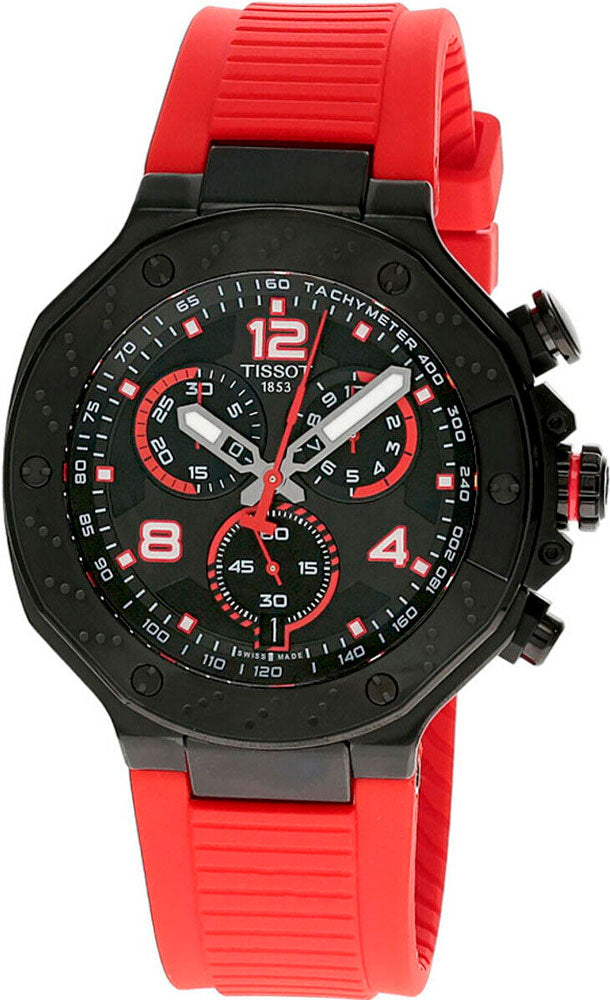 Tissot T-Race MotoGP watch at angle showing black case, red rubber strap, and multi-function chronograph dial