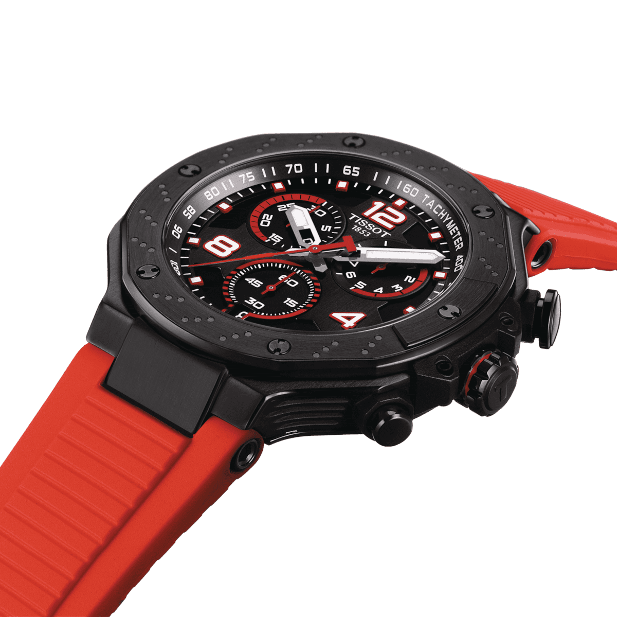 Close-up detail of Tissot T-Race MotoGP dial showing black face, red chronograph subdials, and red rubber strap