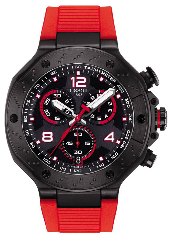 Tissot T-Race MotoGP Chronograph with black dial, red rubber strap, and chronograph subdials