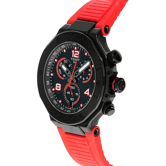 Side view of Tissot T-Race MotoGP chronograph watch with red rubber strap and black pushers