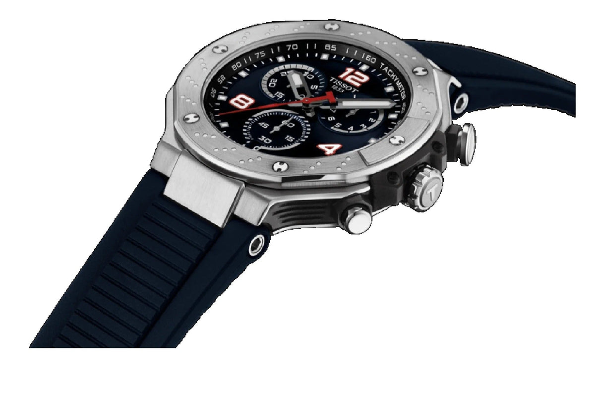 Three-quarter angled view of Tissot T-Race MotoGP chronograph watch with blue strap