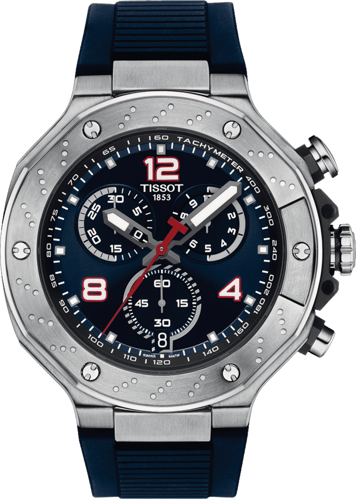 Tissot T-Race MotoGP blue dial chronograph watch with stainless steel case and blue silicone strap