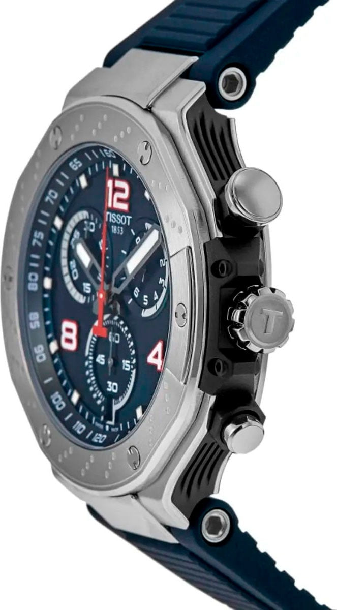 Side profile of Tissot T-Race MotoGP watch showing chronograph pushers and blue silicone strap