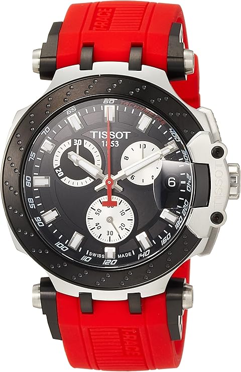 Tissot T-Race chronograph showing black dial with three subdials and red rubber strap