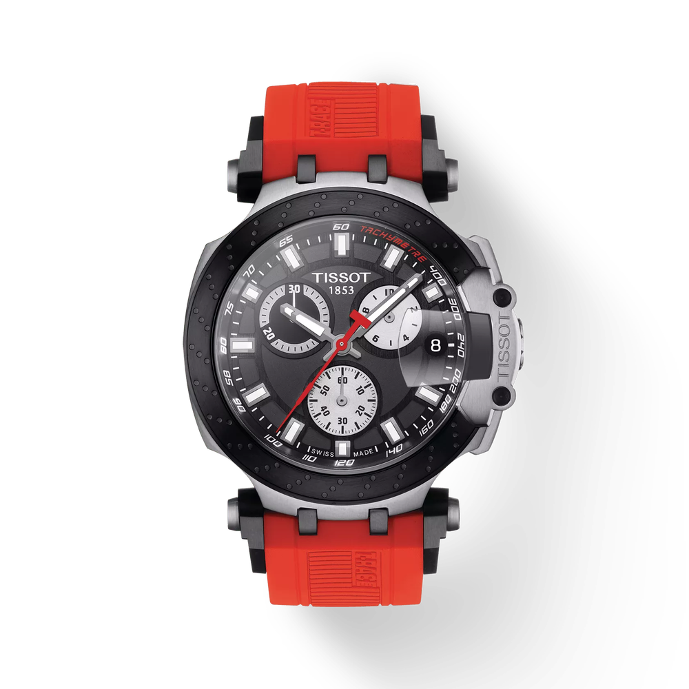 Tissot T-Race chronograph with black dial, red strap, and stainless steel case