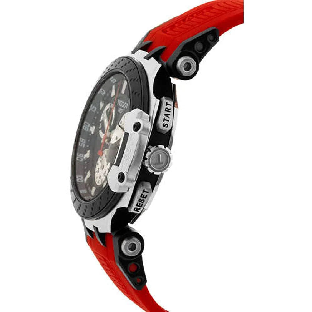 Tissot T-Race side profile showing chronograph pushers and red strap