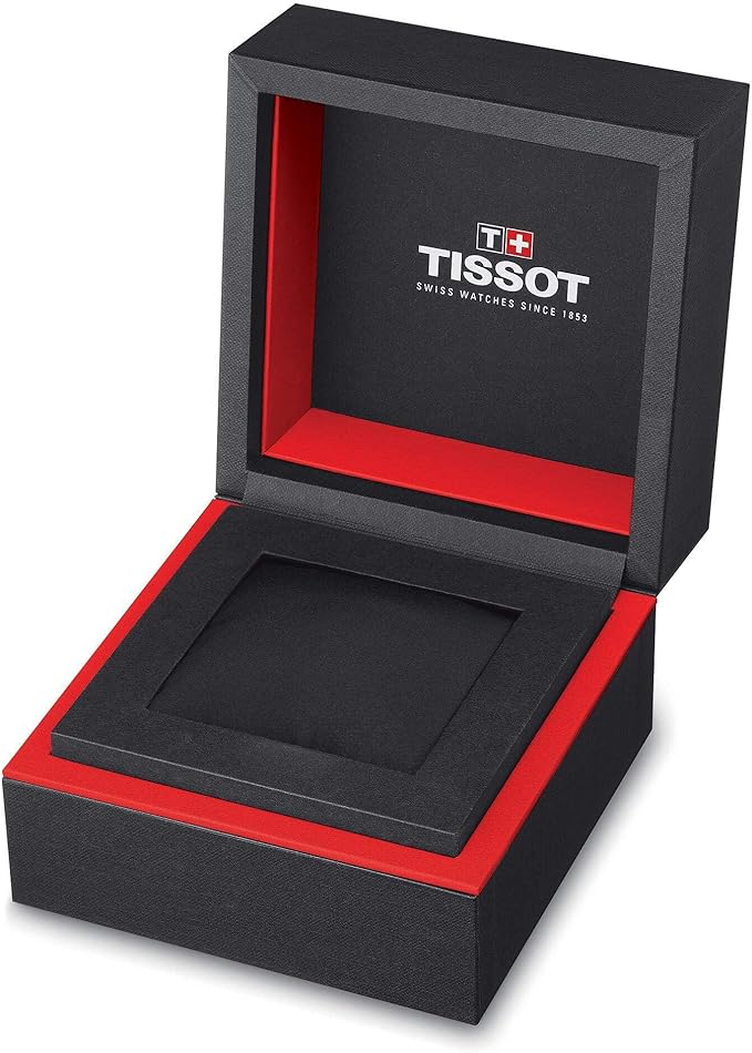 Opened Tissot watch box with red interior and black exterior