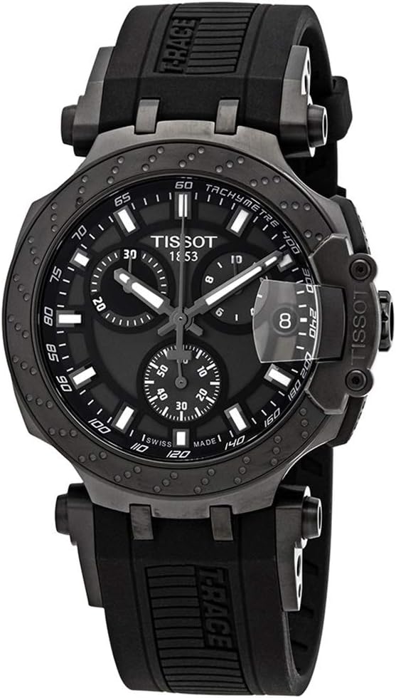 Tissot T-Race Chronograph with anthracite black dial, chronograph subdials, angled side view