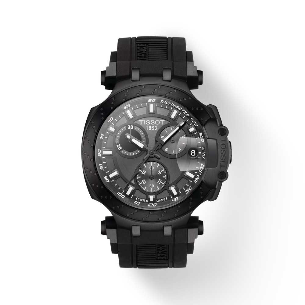 Tissot T-Race Chronograph watch with black dial and black silicone strap, front view