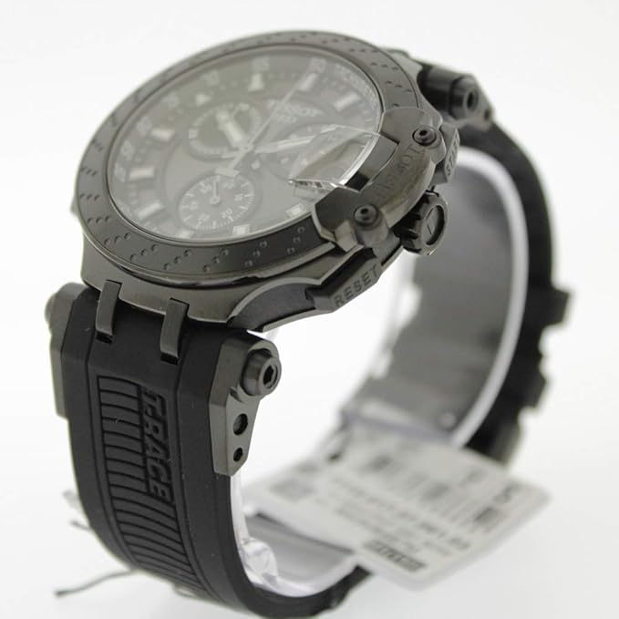Tissot T-Race watch displayed at angle showing case profile and silicone strap