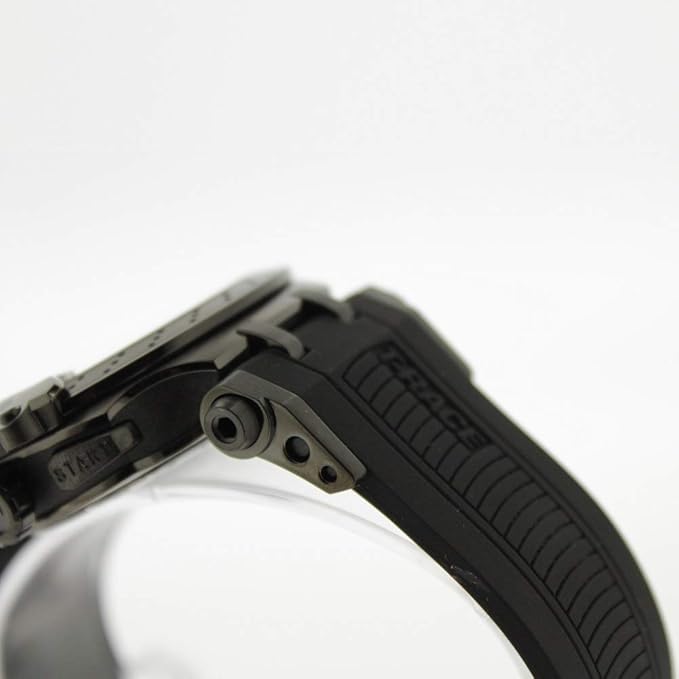 Tissot T-Race watch case side profile showing lugs and black silicone strap attachment