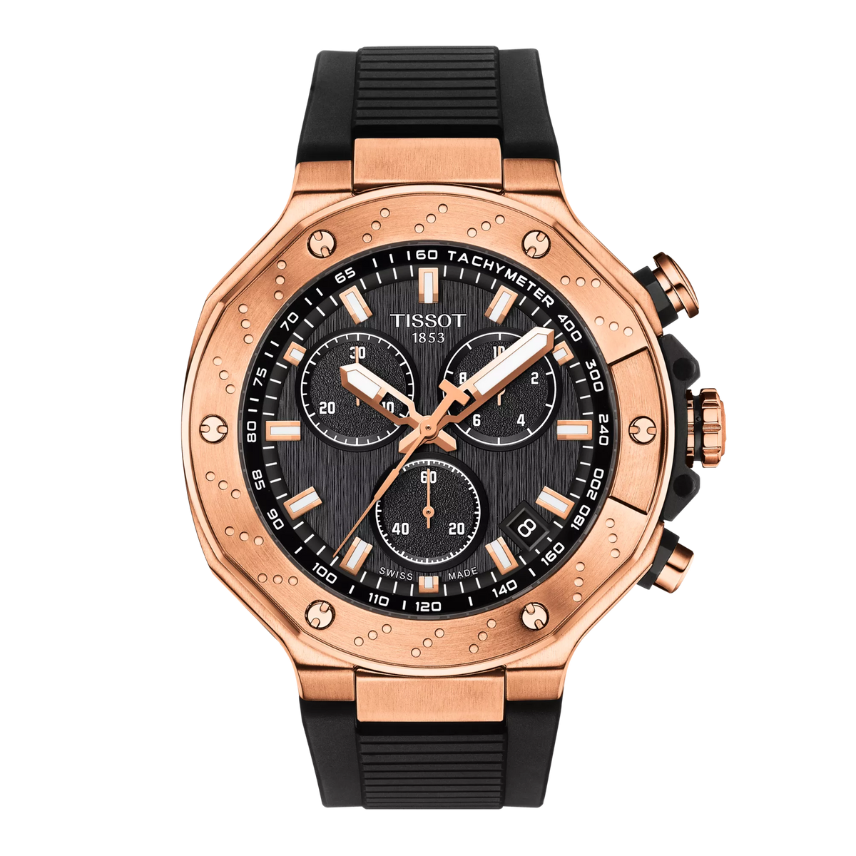 Tissot T-Race T141.417.37.051.00 rose gold chronograph watch with black rubber strap