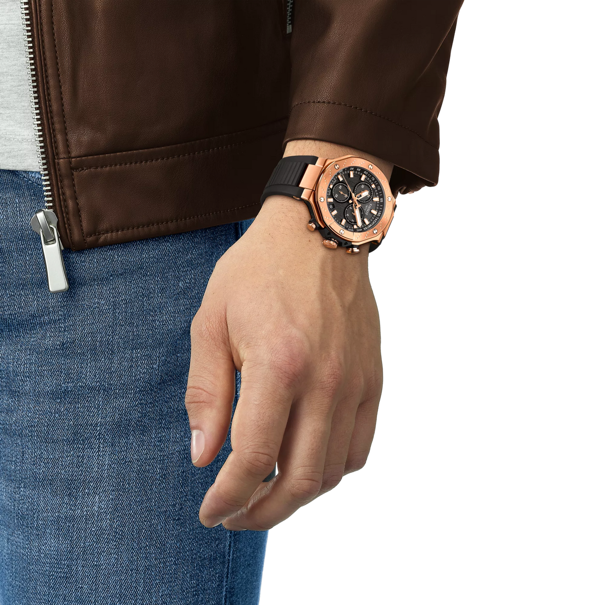 Tissot T-Race Chronograph worn on wrist showing rose gold case and black dial