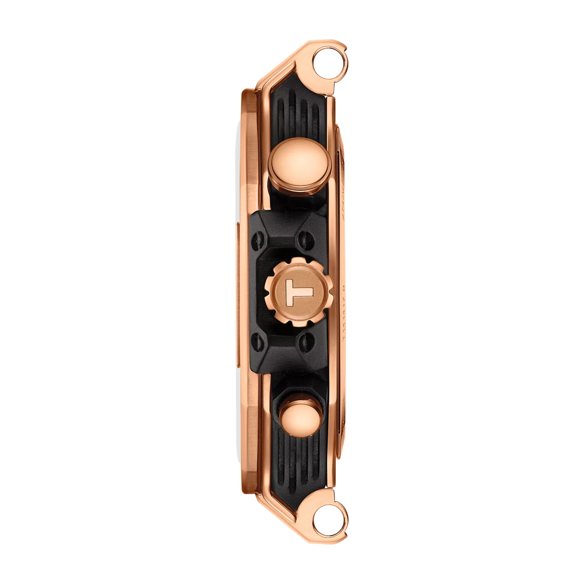 Tissot T-Race T141.417.37.051.00 side profile with rose gold case and chronograph pushers