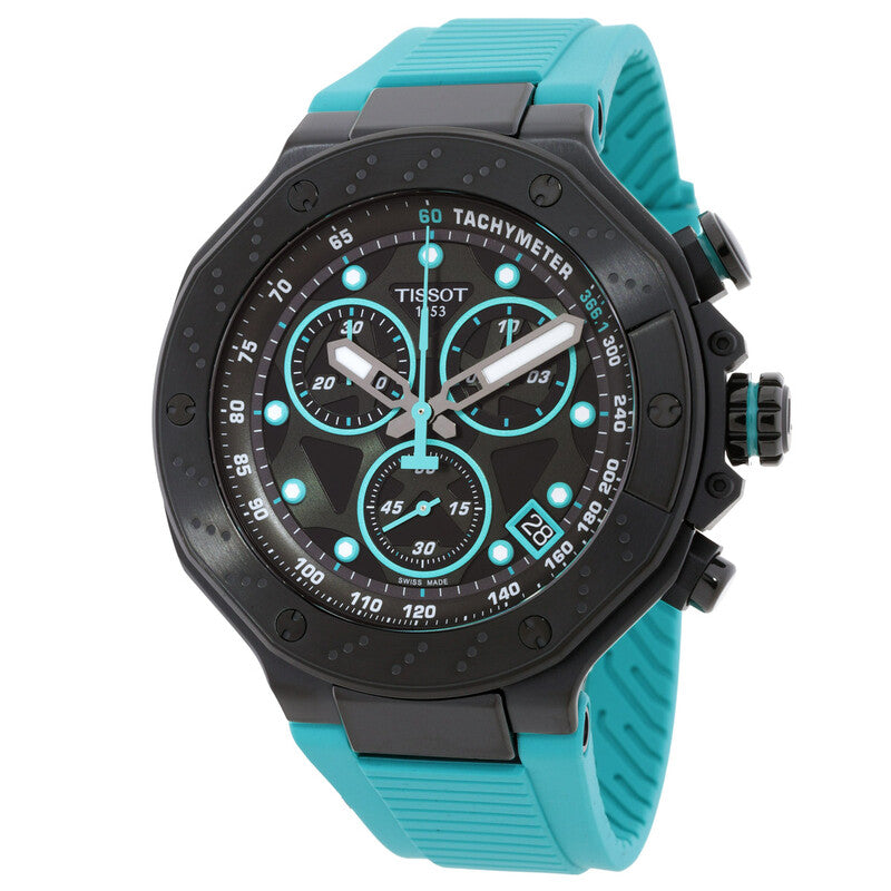 Tissot T-Race chronograph with three subdials, tachymeter scale, and green rubber band