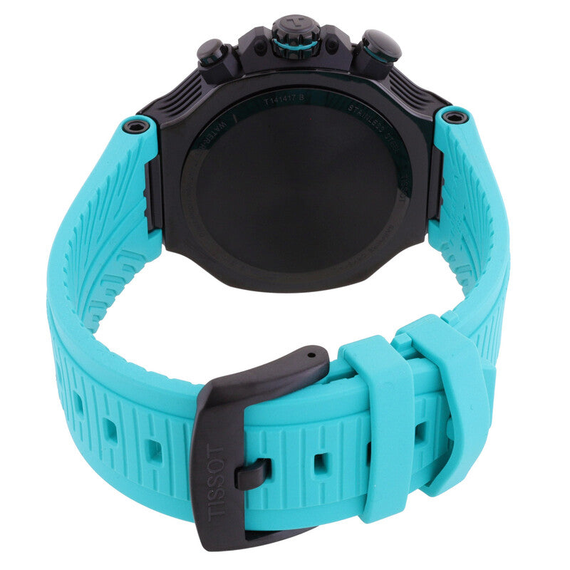 Tissot T-Race chronograph caseback showing black case with turquoise strap details