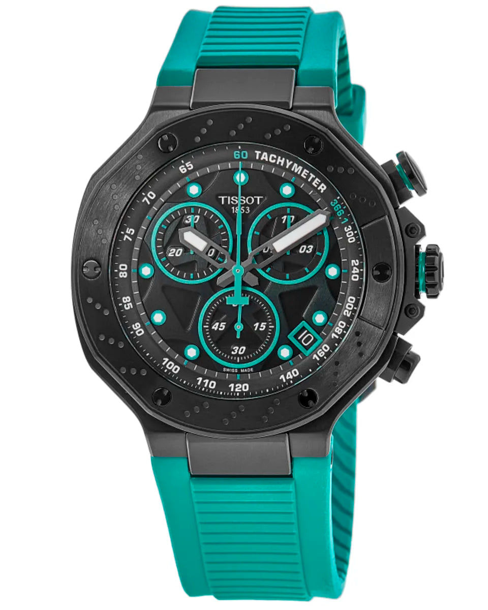 Tissot T-Race chronograph watch with black dial, turquoise accents, and green rubber strap