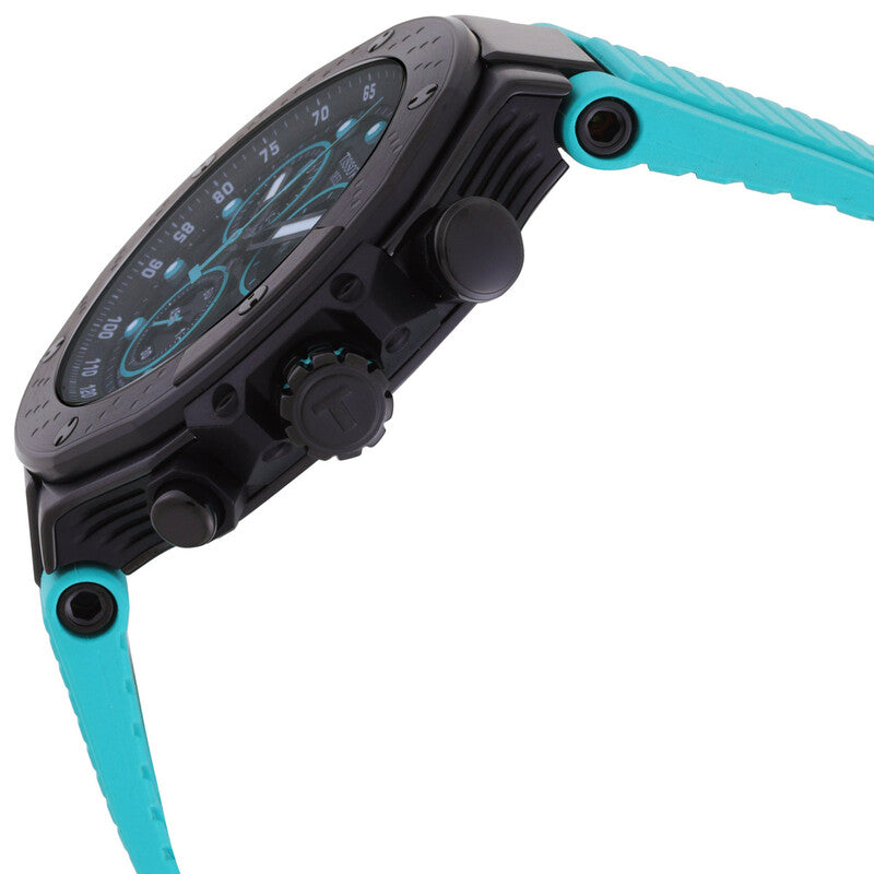 Tissot T-Race chronograph watch side view showing case profile and green strap