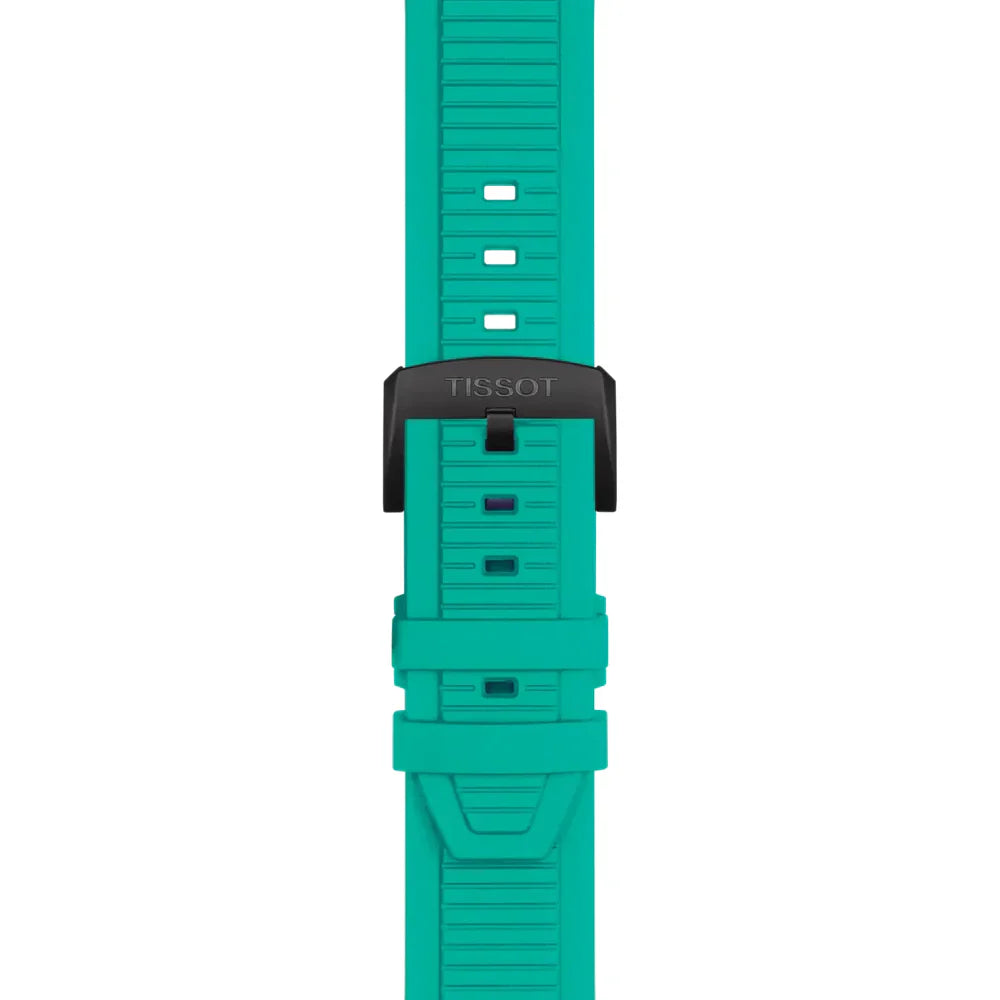 Tissot T-Race green rubber strap with black buckle and adjustment holes
