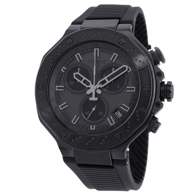 Tissot T-Race chronograph timepiece at angled view showing grey dial and black strap