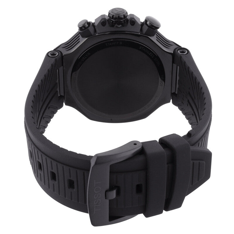 Tissot T-Race watch caseback and silicone strap detail