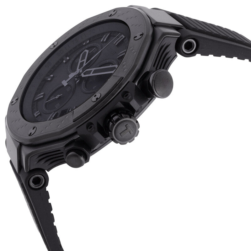 Tissot T-Race chronograph watch side profile with black silicone strap and pushers