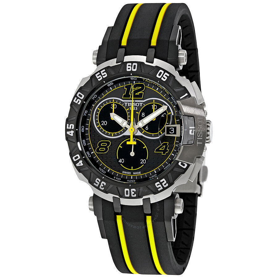 Tissot T-Race Thomas Luthi chronograph watch with black dial, yellow accents, and matching racing strap
