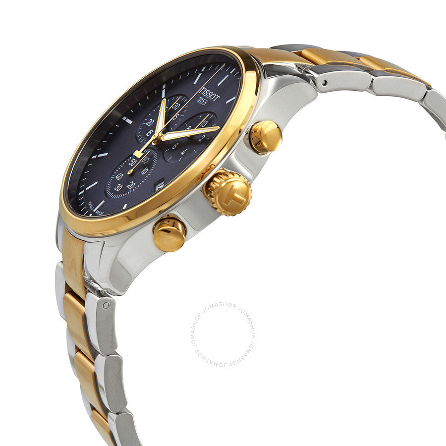 Side angle view of Tissot T-Sport showing two-tone bracelet and gold-plated chronograph pushers